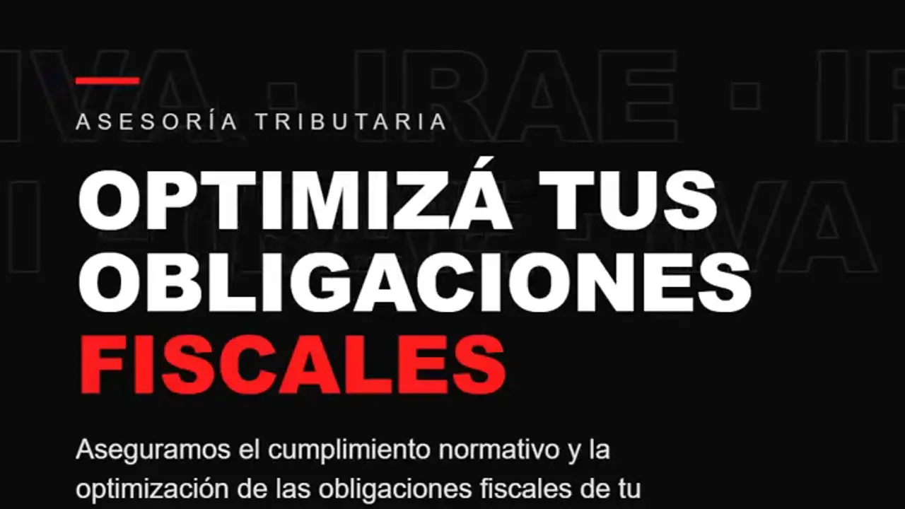 Placa de asesoría tributaria de Estudio Hahn con el título «Optimizá tus obligaciones fiscales» sobre fondo negro.