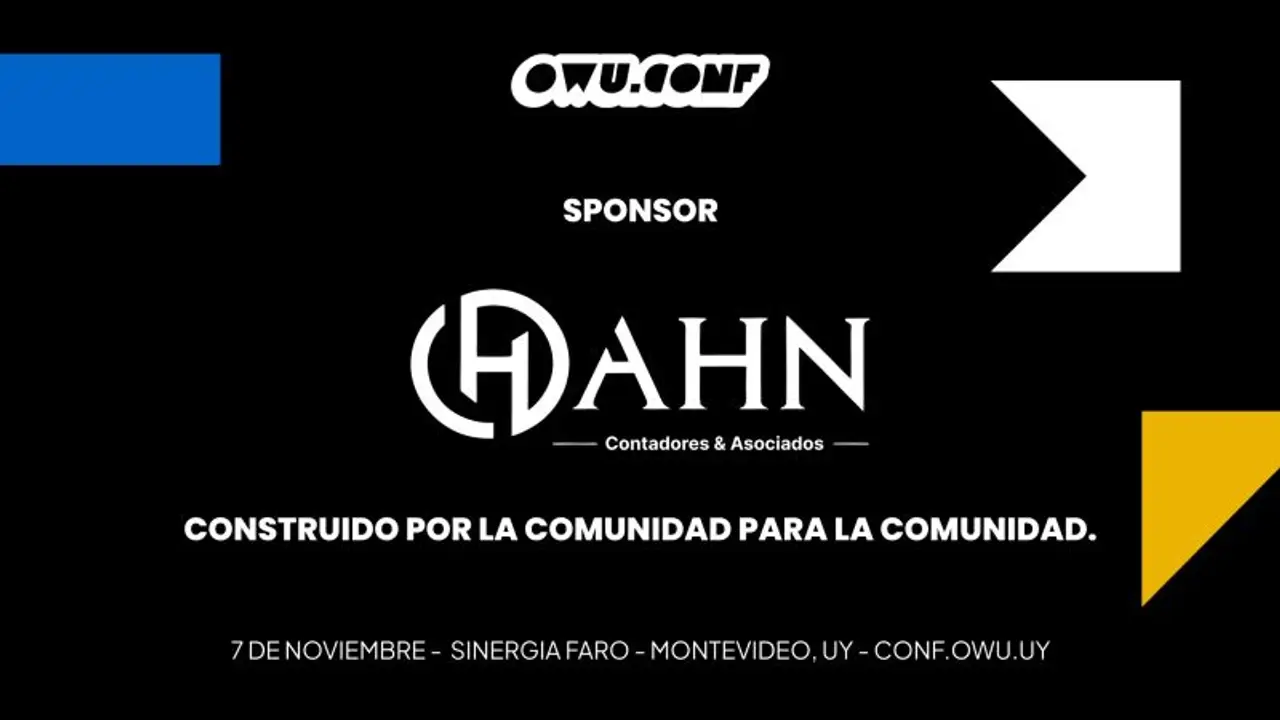 Placa de OWU Conf 2026 anunciando a Estudio Hahn como sponsor, con el lema «Construido por la comunidad para la comunidad» y la fecha: 7 de noviembre, Sinergia Faro, Montevideo.